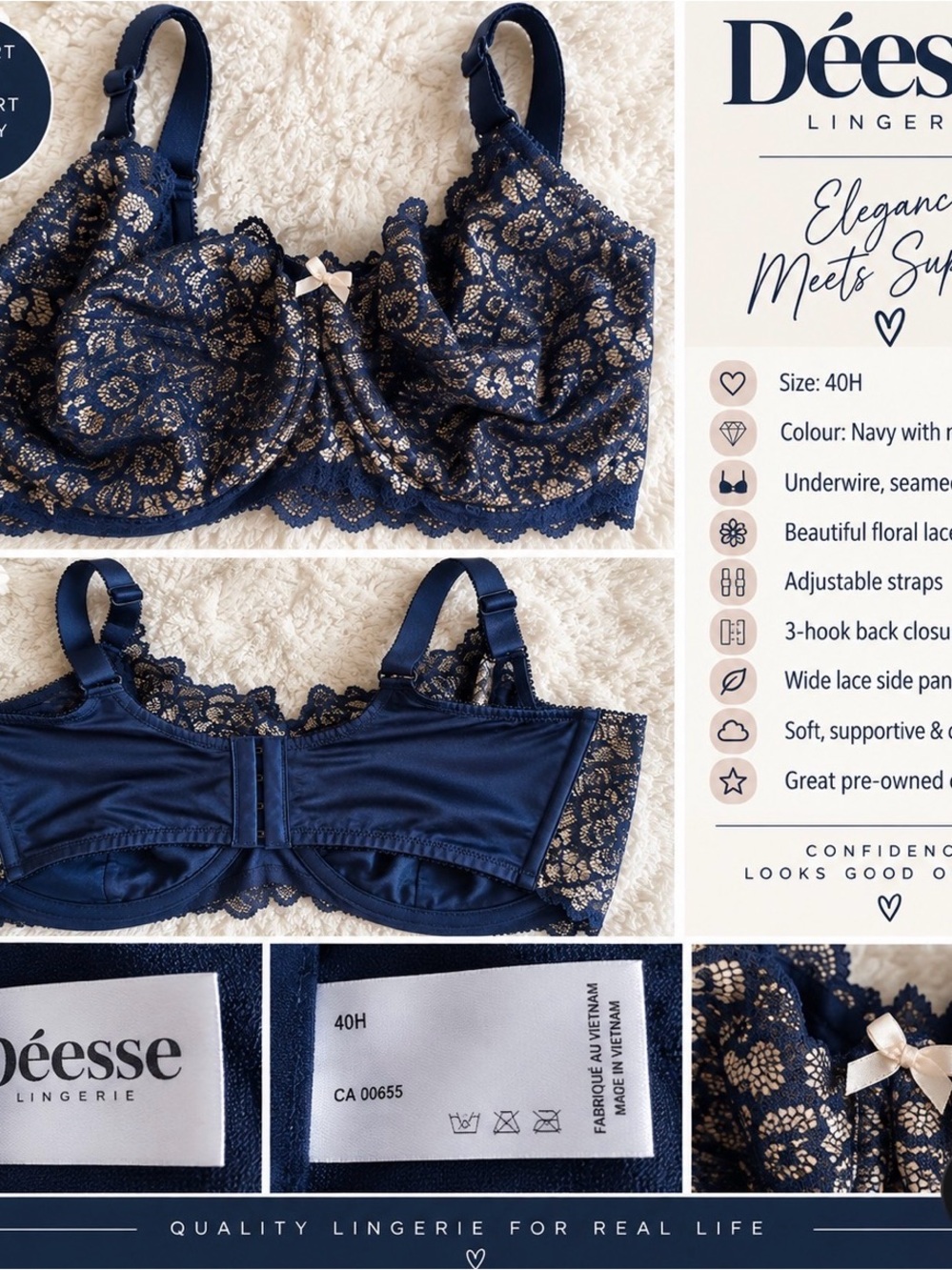 Addition Elle Navy Bra with Gold Lace Overlay
